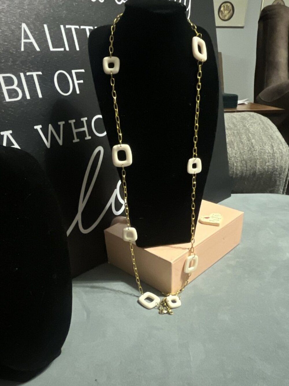 Gold Tone Cable Chain Station Necklace w/ White Square Plastic Links